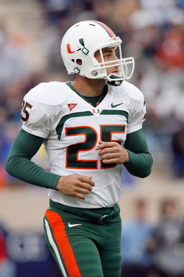 DURHAM, NC - OCTOBER 18: Matt Bosher #25 of the Miami Hurricanes looks on the field during the game against the Duke Blue Devils at Wallace Wade Stadium on October 18, 2008 in Durham, North Carolina. (Photo by Kevin C. Cox/Getty Images)