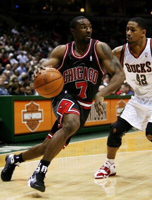 MILWAUKEE - FEBRUARY 18: Ben Gordon #7 of the Chicago Bulls drvies around Charlie Bell #42 of the Milwaukee Bucks on February 18, 2009 at the Bradley Center in Milwaukee, Wisconsin. The Bulls defeated the Bucks 113-104. NOTE TO USER: User expressly acknow