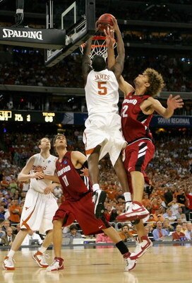 HOUSTON - MARCH 28:  Damion James #5 of the Texas Longhorns slam dunks the ball against Robin Lopez #42 of the Stanford Cardinal during the third round game of the South Regional as part of 2008 NCAA Men's Basketball Tournament at Reliant Stadium on March