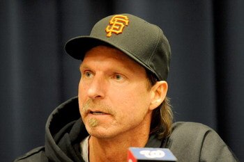 WASHINGTON - JUNE 04:  Randy Johnson #51 of the San Francisco Giants talks at the press conference after winning his 300th career game against the Washington Nationals at Nationals Park on June 4, 2009 in Washington, DC.  The Giants won the game 5-1.  (Ph