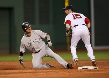 BOSTON - JUNE 11: Nick Swisher #33 of  New York Yankees is unable to make it back to second base after a line out when Dustin Pedroia #15 of the Boston Red Sox tagged the bag at Fenway Park on June 11, 2009 in Boston, Massachusetts.  (Photo by Jim Rogash/