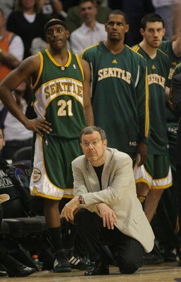 PHOENIX - FEBRUARY 08:  Head coach P.J. Carlesimo of the Seattle SuperSonics looks on against the Phoenix Suns on February 8, 2008 at US Airways Center in Phoenix, Arizona. NOTE TO USER: User expressly acknowledges and agrees that, by downloading and or u