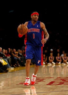 LOS ANGELES, CA - NOVEMBER 14:  Allen Iverson #1 of the Detroit Pistons dribbles the ball during the game with the Los Angeles Lakers on November 14, 2008 at Staples Center in Los Angeles, California. The Pistons won 106-95.   NOTE TO USER: User expressly