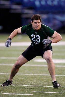 INDIANAPOLIS, IN - FEBRUARY 23:  Linebacker Jason Phillips of Texas Christian runs during the NFL Scouting Combine presented by Under Armour at Lucas Oil Stadium on February 23, 2009 in Indianapolis, Indiana. (Photo by Scott Boehm/Getty Images)