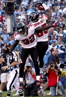 SAN DIEGO - NOVEMBER 30: Wide receiver Harry Douglas #83 and running back Jerious Norwood #32 of the Atlanta Falcons celebrate Douglas' fourth quarter touchdown reception against the San Diego Chargers on November 30, 2008 at Qualcomm Stadium in San Diego