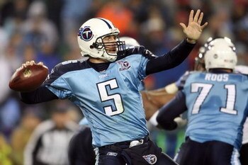 NASHVILLE, TN - JANUARY 10:  Quarterback Kerry Collins #5 of the Tennessee Titans throws the ball in the second half against the Baltimore Ravens during the AFC Divisional Playoff Game on January 10, 2009 at LP Field in Nashville, Tennessee.  (Photo by An