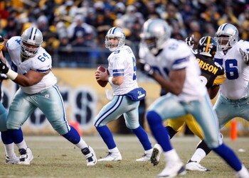 PITTSBURGH - DECEMBER 7:  Quarterback Tony Romo #9 of the Dallas Cowboys drops back in the pocket to make a pass play during their NFL game against the Pittsburgh Steelers on December 7, 2008 at Heinz Field in Pittsburgh, Pennsylvania. The Steelers defeat