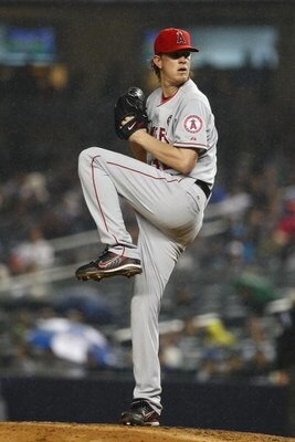 NEW YORK - MAY 01:  Jered Weaver #36 of the Los Angeles Angels of Anaheim pitches against the New York Yankees during their game on May 1, 2009 at Yankee Stadium in the Bronx borough of New York City.  (Photo by Chris McGrath/Getty Images)