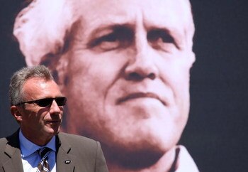 SAN FRANCISCO - AUGUST 10:  Former San Francisco 49ers quarterback Joe Montana speaks during a public memorial service for former 49ers coach Bill Walsh August 10, 2007 at Monster Park in San Francisco, California. NFL Hall of Famer Bill Walsh, who was kn