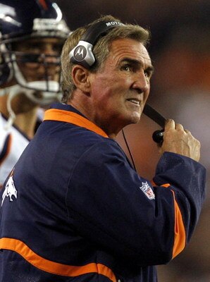 CLEVELAND - NOVEMBER 6:  Head coach Mike Shanahan of the Denver Broncos looks at the scoreboard against the Cleveland Browns during the fourth quarter of their NFL game at Cleveland Browns Stadium November 6, 2008 in Cleveland, Ohio.  (Photo by Matt Sulli