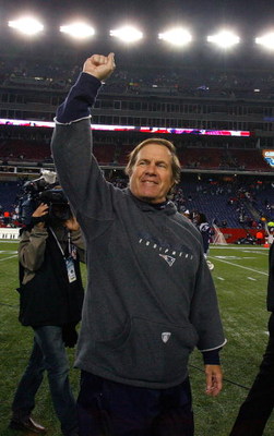 FOXBORO, MA - OCTOBER 20:  Coach Bill Belichick waves to fans after a win against the Denver Broncos at Gillette Stadium on October 20, 2008 in Foxboro, Massachusetts. The Patriots won 41-7. (Photo by Jim Rogash/Getty Images)