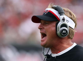 TAMPA, FL - DECEMBER 30:  John Gruden, head coach of the Tampa Bay Buccaneers on the sideline in the first half of their game against the Carolina Panthers at Raymond James Stadium on December 30, 2007 in Tampa, Florida.  (Photo by Scott Halleran/Getty Im
