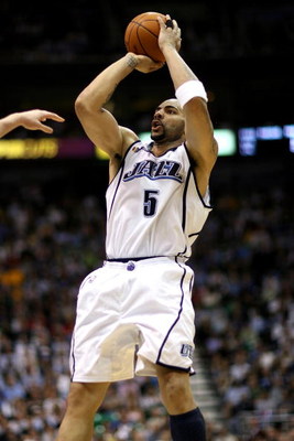 SALT LAKE CITY - APRIL 25: Carlos Boozer #5 of the Utah Jazz shoots in Game Four of the Western Conference Quarterfinals against the Los Angeles Lakers during the 2009 NBA Playoffs at Energy Solutions Arena on April 25, 2009 in Salt Lake City, Utah. The