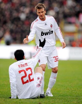 BOLOGNA, ITALY - JANUARY 25:  Kaka and David Beckham of Milan in action during the Serie A match between Bologna FC and AC Milan at the Dallara Stadio on January 25, 2009 in Bologna, Italy.  (Photo by New Press/Getty Images)