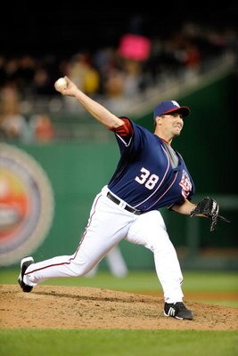 WASHINGTON - APRIL 16:  Joel Hanrahan #38 of the Washington Nationals pitches against the Philadelphia Phillies at Nationals Park on April 16, 2009 in Washington, DC.  (Photo by Greg Fiume/Getty Images)