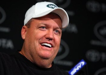 FLORHAM PARK, NJ - MAY 02:  Head coach Rex Ryan of the New York Jets speaks to the media during minicamp on May 2, 2009 at the Atlantic Health Jets Training Center in Florham Park, New Jersey.  (Photo by Jim McIsaac/Getty Images)