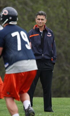 LAKE FOREST, IL - MAY 01: General manager Jerry Angelo of the Chicago Bears watches a rookie mini-camp practice on May 1, 2009 at Halas Hall in Lake Forest, Illinois. (Photo by Jonathan Daniel/Getty Images)
