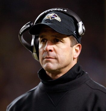 PITTSBURGH - JANUARY 18:  Head coach John Harbaugh of the Baltimore Ravens looks on after he threw a challenge flag which over-turned a potential reception by the Pittsburgh Steelers during the AFC Championship game on January 18, 2009 at Heinz Field in P