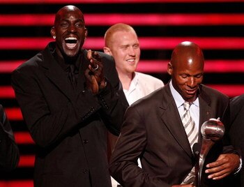 LOS ANGELES, CA - JULY 16:  NBA athlete, Kevin Garnett and Ray Allen of the Boston Celtics accept the award for 'Best Team' onstage at the 2008 ESPY Awards held at NOKIA Theatre L.A. LIVE on July 16, 2008 in Los Angeles, California.  The 2008 ESPYs will a