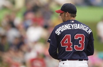 3 Mar 2002: Tim Spooneybarger #43 of the Atlanta Braves prepares to pitch during the spring training game against the Tampa Bay Devil Rays at Disney's Wide World of Sports in Kissimmee, Florida. DIGITAL IMAGE. Mandatory Credit: M. David Leeds/Getty Images
