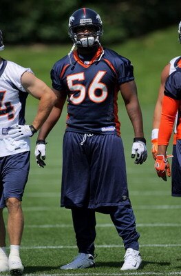 ENGLEWOOD, CO - JUNE 12:  First round draft pick linebacker Robert Ayers #56 of the Denver Broncos participates in minicamp practice at the Broncos Dove Valley training facility on June 12, 2009 in Englewood, Colorado.  (Photo by Doug Pensinger/Getty Imag