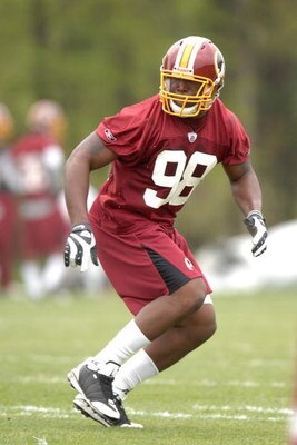 ASHBURN, VA - MAY 1:  Brian Orakpo #98, the Washington Redskins first round draft pick, runs through drills during minicamp on May 1, 2009 at Redskins Park in Ashurn, Virginia.   (Photo by Mitchell Layton/Getty Images)