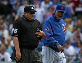 CHICAGO - MAY 02: Manager Lou Piniella #41 of the Chicago Cubs has words with home plate umpire Fieldin Culbreth during a game against the Florida Marlins on May 2, 2009 at Wrigley Field in Chicago, Illinois. The Cubs defeated the Marlins 6-1. (Photo by J