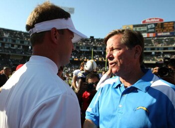 OAKLAND, CA - SEPTEMBER 28:  Head coach Lane Kiffin of the Oakland Raiders shakes hands with head coach Norv Turner of the San Diego Chargers during an NFL game on September 28, 2008 at McAfee Coliseum in Oakland, California.  (Photo by Jed Jacobsohn/Gett