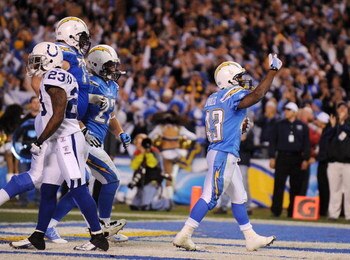 SAN DIEGO - JANUARY 03:  Darren Sproles #43 of the San Diego Chargers celebrates a touchdown against the Indianapolis Colts during their AFC Wild Card Game on January 3, 2009 at Qualcomm Stadium in San Diego, California. Sproles touchdown gave the Charger
