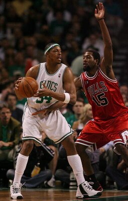 BOSTON - MAY 02:  Paul Pierce #34 of the Boston Celtics looks to pass as John Salmons #15 of the Chicago Bulls defends in Game Seven of the Eastern Conference Quarterfinals during the 2009 NBA Playoffs at TD Banknorth Garden on May 2, 2009 in Boston, Mass