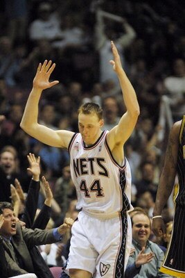 22 April 2002: Keith Van Horn #44 of the New Jersey Nets celebrates a three pointer against The Indiana Pacers during their first round playoff game at the Continental Airlines Arena in East Rutherford, New Jersey.   Digital Image. NOTE TO USER: User expr