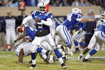 DURHAM, NC - NOVEMBER 29: Quarterback Thaddeus Lewis #9 of the Duke Blue Devils looks to pass the ball during the game against the North Carolina Tar Heels at Wallace Wade Stadium on November 29, 2008 in Durham, North Carolina. (Photo by Kevin C. Cox/Gett
