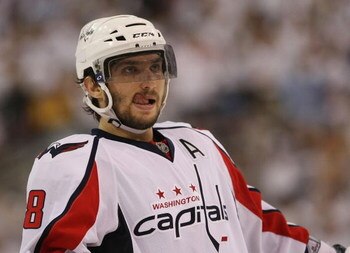PITTSBURGH - MAY 11: Alex Ovechkin #8 of the Washington Capitals waits for a faceoff against the Pittsburgh Penguins during Game Six of the Eastern Conference Semifinal  Round of the 2009 Stanley Cup Playoffs at Mellon Arena on May 11, 2009 in Pittsburgh,