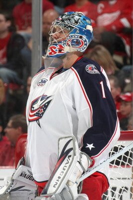 DETROIT - APRIL 16:  Goalie Steve Mason #1 of the Columbus Blue Jackets looks on the ice against the Detroit Red Wings during Game One of the Western Conference Quarterfinals of the 2009 Stanley Cup Playoffs on April 16, 2009 at Joe Louis Arena in Detroit