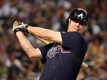 PHOENIX - MAY 30:  Chipper Jones #10 of the Atlanta Braves warms up on deck during the major league baseball game against the Arizona Diamondbacks at Chase Field on May 30, 2009 in Phoenix, Arizona.The Diamondbacks defeated the Braves 3-2.  (Photo by Chri