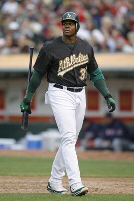 OAKLAND, CA - MAY 24:  Designated hitter Frank Thomas #35 of the Oakland A's strikes out during a game against the Boston Red Sox on May 24, 2008 at McAfee Coliseum in Oakland, California.  (Photo by Greg Trott/Getty Images)