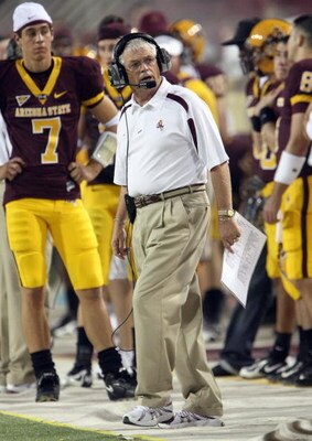 TEMPE, AZ - SEPTEMBER 15: Head coach Dennis Erickson of the Arizona State Sun Devils works on the sidelines during the game with the San Diego State Aztecs on September 15, 2007 at Sun Devil Stadium in Tempe, Arizona. Arizona State won 34-13. (Photo by St