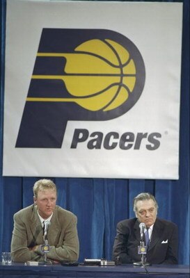 12 May 1997:  Coach Larry Bird and team president Donnie Walsh of the Indiana Pacers speak to reporters during a press conference in Indianapolis, Indiana. Mandatory Credit: Matthew Stockman  /Allsport