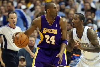 DENVER - MAY 29:  Kobe Bryant #24 of the Los Angeles Lakers posts up J.R. Smith #1 of the Denver Nuggets in Game Six of the Western Conference Finals during the 2009 NBA Playoffs at Pepsi Center on May 29, 2009 in Denver, Colorado. NOTE TO USER: User expr