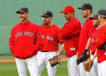 BOSTON - SEPTEMBER 22: (L-R) Manager Terry Francona, Kevin Youkilis #20, Tim Wakefield #49, Sean Casey #22, and Dustin Pedroia #15 of the Boston Red Sox watch batting practice before a game against the Cleveland Indians at Fenway Park on September 22, 200