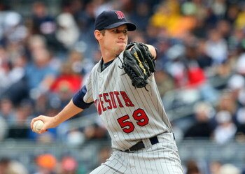 NEW YORK - MAY 17:  Kevin Slowey #59 of the Minnesota Twins pitches against the New York Yankees on May 17, 2009 at Yankee Stadium in the Bronx borough of New York City. The Yankees defeated the Twins 3-2 in ten innings.  (Photo by Jim McIsaac/Getty Image