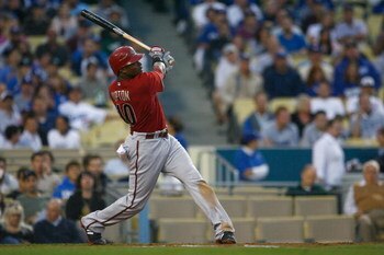 LOS ANGELES, CA - JUNE 02:  Justin Upton #10 of the Arizona Diamondbacks swings at a pitch against the Los Angeles Dodgers at Dodger Stadium on June 2, 2009 in Los Angeles, California.  (Photo by Jeff Gross/Getty Images)