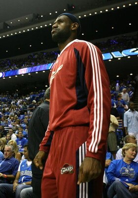 ORLANDO, FL - MAY 30: LeBron James #23 of the Cleveland Cavaliers looks on during introductions against the Orlando Magic in Game Six of the Eastern Conference Finals during the 2009 Playoffs at Amway Arena on May 30, 2009 in Orlando, Florida. NOTE TO USE