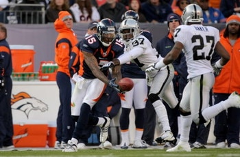 DENVER - NOVEMBER 23:  Wide receiver Brandon Marshall #15 of the Denver Broncos is unable to make a reception as Chris Johnson #37 of the Oakland Raiders defends during week 12 NFL action at Invesco Field at Mile High on November 23, 2008 in Denver, Color