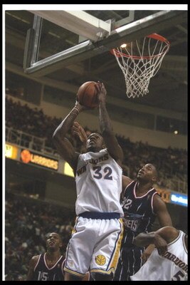 23 Nov 1996:  Forward Joe Smith of the Golden State Warriors goes up for two during a game against the Houston Rockets at the San Jose Arena in San Jose, California.  The Rockets won the game, 120-115. Mandatory Credit: Craig Jones  /Allsport
