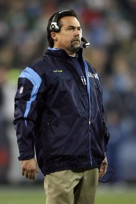 NASHVILLE, TN - JANUARY 10:  Head coach Jeff Fisher of the Tennessee Titans looks on against the Baltimore Ravens during the AFC Divisional Playoff Game on January 10, 2009 at LP Field in Nashville, Tennessee.  (Photo by Andy Lyons/Getty Images)