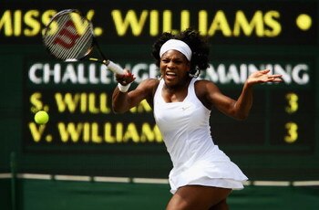 LONDON - JULY 05:  Serena Williams of United States plays a forehand during the women's singles Final match against Venus Williams of United States on day twelve of the Wimbledon Lawn Tennis Championships at the All England Lawn Tennis and Croquet Club on