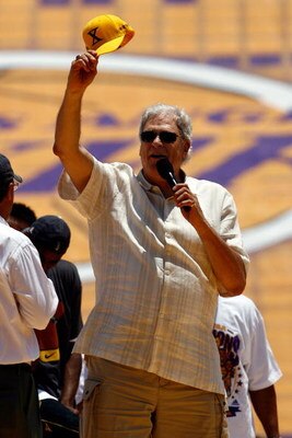 LOS ANGELES, CA - JUNE 17:  Head coach Phil Jackson of the Los Angeles Lakers addresses the crowd during the 2009 NBA Championship Victory Parade at the Los Angeles Memorial Coliseum on June 17, 2009 in Los Angeles, California.  (Photo by Jeff Gross/Getty