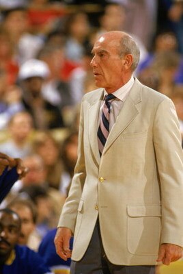 INGLEWOOD, CA - 1988:  Head coach Jack Ramsey  of the Indiana Pacers reacts to play against the Los Angeles Lakers during the game at the Great Western Forum in Inglewood, California.  (Photo by Stephen Dunn/Getty Images)