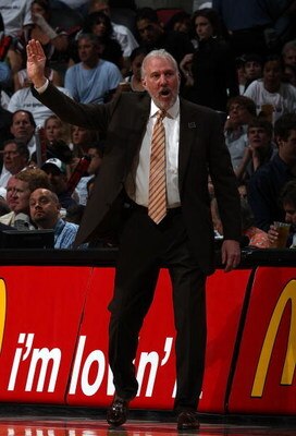 SAN ANTONIO - APRIL 20:  Head coach Gregg Popovich of the San Antonio Spurs during play against the Dallas Mavericks in Game Two of the Western Conference Quarterfinals during the 2009 NBA Playoffs at AT&T Center on April 20, 2009 in San Antonio, Texas. N
